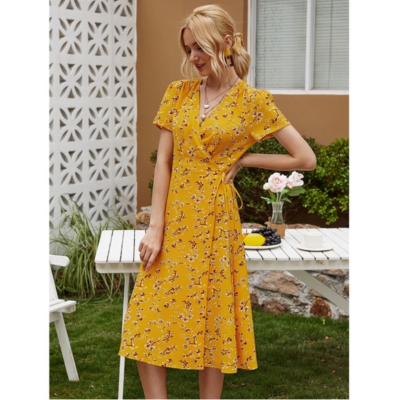 Yellow Floral Wrap Midi Dress - Picture 5 of 16